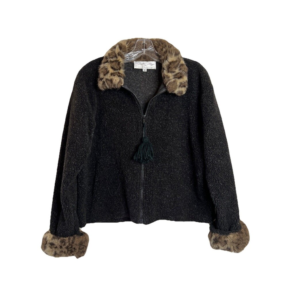 Tasha Polizzi Black Fleece‎ Jacket Faux Fur Leopard Print Collar Cuffs Cozy Sz S